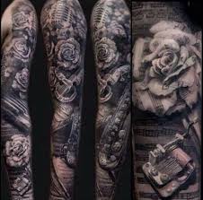 Black And Gray Tattoo Sleeve Ideas Sleeve Tattoo Idea Flower Tattoo Music Tattoo Black And Grey Tattoos Grey Tattoo Music Tattoo Sleeves