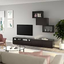 Besta Tv Storage Combination Glass Doors Black Brown Hanviken Black Brown Clear Glass 94 1 2x16 1 2x74 3 4 Get It Today Ikea Tv Storage Ikea Wall Cabinet