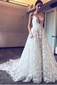Modern A Line Spaghetti Straps Plunge Neckline Lace Applique Wedding Dress Ow307 Lace Applique Wedding Dress Applique Wedding Dress Court Train Wedding Dress