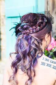 Purple Bridal Hair Edgy Wedding Hairstyles Braided Half Up Half Down Hairdo Gold Hair Jewelry Get More Wedding Ha Stylish Hair Hair Styles Long Hair Styles