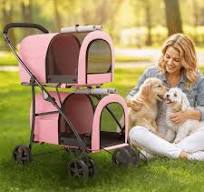 MoNiBloom 4 in 1 Double Pet Stroller, Foldable Cat Stroller for 2 Cats/Dogs  with Detachable Carrier Bags & Rear Brakes, Pink/Gray