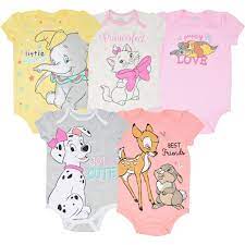 Disney Baby Girls 5 Pack Bodysuits 101 Dalmations Dumbo Bambi Aristocats Newborn Walmart Com