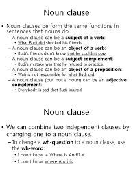 Noun clauses are therefore dependent clauses and as subject or object cannot stand alone as a sentence. Noun Clause And Reported Speech Noun Clause
