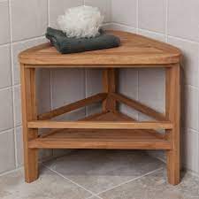 Perfect for smaller showers, this corner bench tucks away, yet provides stability when needed. Furniture An Artistic Teak Shower Bench Makes Sweet Your Bathroom Designs Teak Shower Bench Aqua Teak Teak Shower Stool Teak Shower Stool Teak Shower Bench