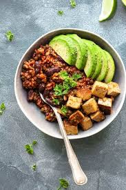Enchilada Power Bowls With Spicy Tofu Full Of Plants Recipe Vegetarian Bowls Vegan Enchiladas Vegetarian Recipes