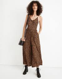 Shirred Wide Leg Cami Jumpsuit In Painted Leopard