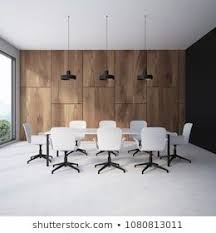 Wooden Wall Conference Room Interior With A Concrete Floor A Long White Table With White Chairs Standing Around It And Lar Room Interior Interior Wooden Walls