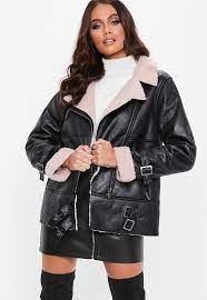 Black Contrast Borg Aviator Coats Jackets Women Borg Jacket Coats For Women