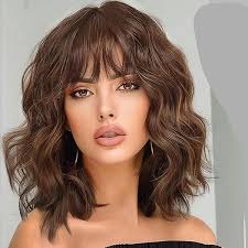 Amazon.com : Short Brown Wavy Wig with Bangs for women Light Brown Curly  wig Shouder Length Bob Curly Wavy Wig Ombre Brown Wig with Dark Roots  Synthetic Natural Wavy Heat Resistant Fiber