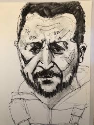 Pen and Ink Drawing of Zelensky with Crayola and Sharpie