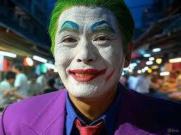 Grok 3 generted images :Chow Yun-fat as the Joker in a Batman movie  setting, Hong Kong film style, half-body portrait, with green hair, white  face, purple suit, and a vibrant night market