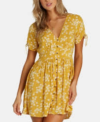 Billabong Juniors Ruched Sleeve Button Down Dress Yellow Twisted Dress Short Sleeve Mini Dress Dresses