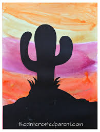 We thought about how we could recreate these through art. Watercolor Silhouette Landscape Paintings For Kids With Free Printable Templates Cactus Mountains Sailboat Sun Wild West Crafts Western Crafts Rodeo Crafts