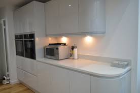 Gloss laminate worktops for kitchens are a great timeless choice for adding light into your kitchen. Dove Grey Gloss Kitchen With White Starlight Quartz Modern Kitchen Other By Interiors 4 Living Houzz Uk