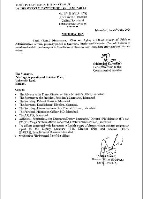 Khurram Agha Removed as Pakistan's Interior Secretary