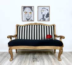 Black And White Striped Bench Cushion Vintage Black And White Striped Settee With Velvet Cushion Etsy Striped Settee Black And White Sofa Velvet Cushions