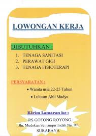 Kali ini lowongan kerja terbaru datang dari salah satu perusahaan di indonesia yaitu : Loker Rs Gotong Royong Politeknik Kesehatan Departemen Kesehatan Surabaya