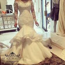 Vintage Lace Long Sleeves Mermaid Plus Size Sheer Boat Neck Ivory Organza Be Long Sleeve Wedding Dress Lace Mermaid Wedding Dress Fabrics Wedding Dress Organza