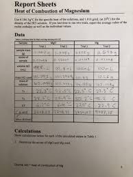 solved report sheets heat of combustion of magnesium use