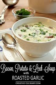 The Perfect Indulgence This Bacon Potato And Leek Soup With Roasted Garlic Is Rich Delicious And Satisfy Leek Soup Roasted Garlic Recipe Leek And Bacon Soup