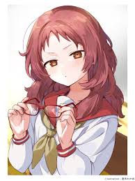 konbu wakame, mie ai, sukinako ga megane wo wasureta, highres, 1girl,  artist name, blush, holding, holding removed eyewear, long hair, looking at  viewer, messy hair, neckerchief, orange eyes, red-framed eyewear, red hair,