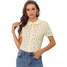 Allegra K Women's Frilled Peter Pan Collar Blossoms Floral Print Shirt Beige Medium