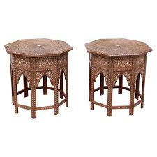Pair Of Moroccan Style Intricately Inlaid Solid Teak Wood Side Tables Teak Wood Side Table Side Table Wood Solid Wood Side Table
