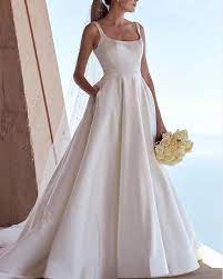 Elegant A Line Square Neck Satin Wedding Dresses With Pockets In 2021 A Line Wedding Dress With Sleeves Scoop Neck Wedding Dress A Line Wedding Dress