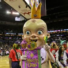 The pelicans may not be making a ton of noise on the court lately, but, they will forever have a stranglehold on the creepiest nba mascot as speaking of stranglehold, the pelicans official twitter account posted this video of king cake baby trying to scare old people today at a local supermarket. What Is King Cake Baby Meet The Terrifying New Orleans Nba All Star Weekend Mascot Sbnation Com