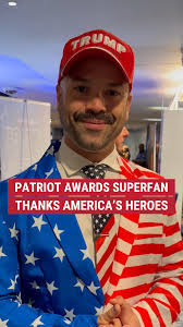 "Here to give thanks to all the heroes...", This proud American is decked  out in 🇺🇸 gear at the 2024 Fox Nation #PatriotAwards