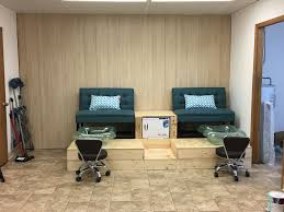 Custom Pedicure Platform In The Works Dad And Husband Built It It S Amazing Teal Bench Chairs From Overstock Pedicure Tub Pedicure Station Nail Salon Decor