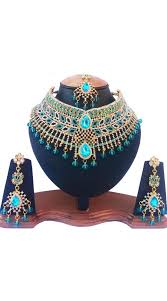 Modernistic Sky Blue Stones Necklace Set With Tika Nnp76803 8 Blue Stone Necklace Stone Necklace Set Necklace Set