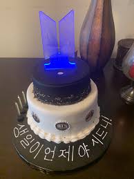 Bts cake topper birthday decoration party supplies cupcake toppers for girl, star blue, 1 count: Bts Cake With Lighted Bts Logo Mac Dessert Studio Facebook