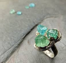 Raw Apatite Rough Uncut Stone Three Gemstone Statement Ring Recycled Sterling Silver Cocktail Ring Raw Stone Jewelry Rough Gemstone Ring Rough Gemstone
