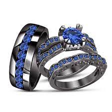 Sapphire Trio Set 14k Black Gold Finish Mens Ladies Engagement Ring Wedding Band Wedding Ring Bands Set Wedding Ring Trio Sets Wedding Rings