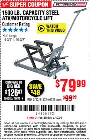 Harbor freight free shipping and coupons. Pittsburgh Automotive 1500 Lb Capacity Atv Motorcycle Lift For 79 99 Harbor Freight Tools Harbor Freight Coupon Barn Storage