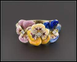 14k Gold Enamel Pansy Ring By Larter Sons Vintage Pansy Ring Enamel Ring 14k Gold Ring Flower Ring Gold Enamel Enamel Ring Jewelry Post