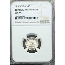 Vintage Cuban Coins > 1952 10 Centavos Cuba Silver Coin MS65 NGC, KM 23  collectible for Sale