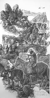 No Trail Too Rough No Job Too Tough Drawing Of A Verical Cattle Drive Coming Down The Ridge Western Art Cowboy Art Drawings Cowboy Art Cowgirl Art