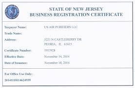 Usairpurifiers Com An Online Air Purifier Super Center Receives Their New Jersey Business Registration Certificate To Further Help New Jersey Businesses
