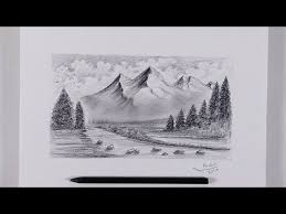 رسم منظر طبيعي باقلام الجرافيت رسم اشجار جبال غيوم خطوة بخطوة tree drawing dream art drawings