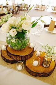 46 Beautiful Ways To Decorate Your Wedding With Wood Slices Unique Wedding Centerpieces Wedding Decor Photos Backyard Wedding