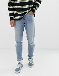 Asos Design 12oz Stretch Slim Jean In Vintage Light Wash With Knee Rips And Abrasions Asos Designer Denim Jeans Mens Jeans Denim Jeans Men