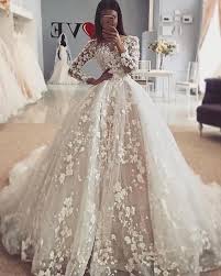 Elegant Jewel Ivory 3d Flowers Long Sleeve Wedding Dress Wedding Dresses With Flowers Princess Wedding Dresses Ball Gowns Wedding