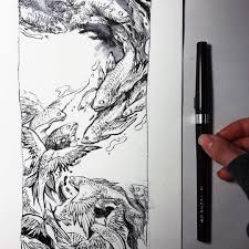 Waiting Out Traffic Results In Flying Fishies Wiggling Through An Ocean Of Mistakes Inkaquarium Black And White Drawing Ink Drawing Sketch Book