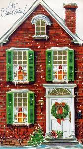 Brick House Facade With Wreath Christmas Art Christmas Illustration Retro Christmas Cards