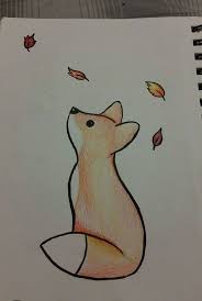 Next in the list of easy pencil drawings of animals are cat and kitten. Baby Fox Looking Up At Falling Leaves Cute Things To Draw Colored Drawing On White Background Cute Easy Drawings Easy Drawings Cute Animal Drawings