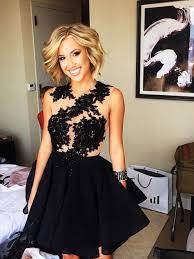 One of the most fun parts of prom is researching how you want to wear your hair—and though pretty twists and elaborate updos usually get all the attention, we think it's time that prom hairstyles for short hair get more press. Savannah Chrisley Short Hair Backless Prom Dresses Black Homecoming Dress Black Prom Dress Short