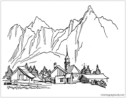 The majestic landscape of the mountains is a breathtaking scene. Village In The Mountains Coloring Pages Mountains Coloring Pages Coloring Pages For Kids And Adults