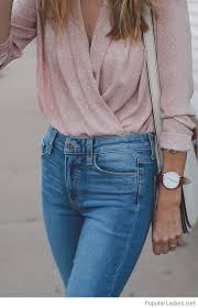 Beautiful Blue Jeans And Light Pink Shirt Romantic Blouses Fashion Style